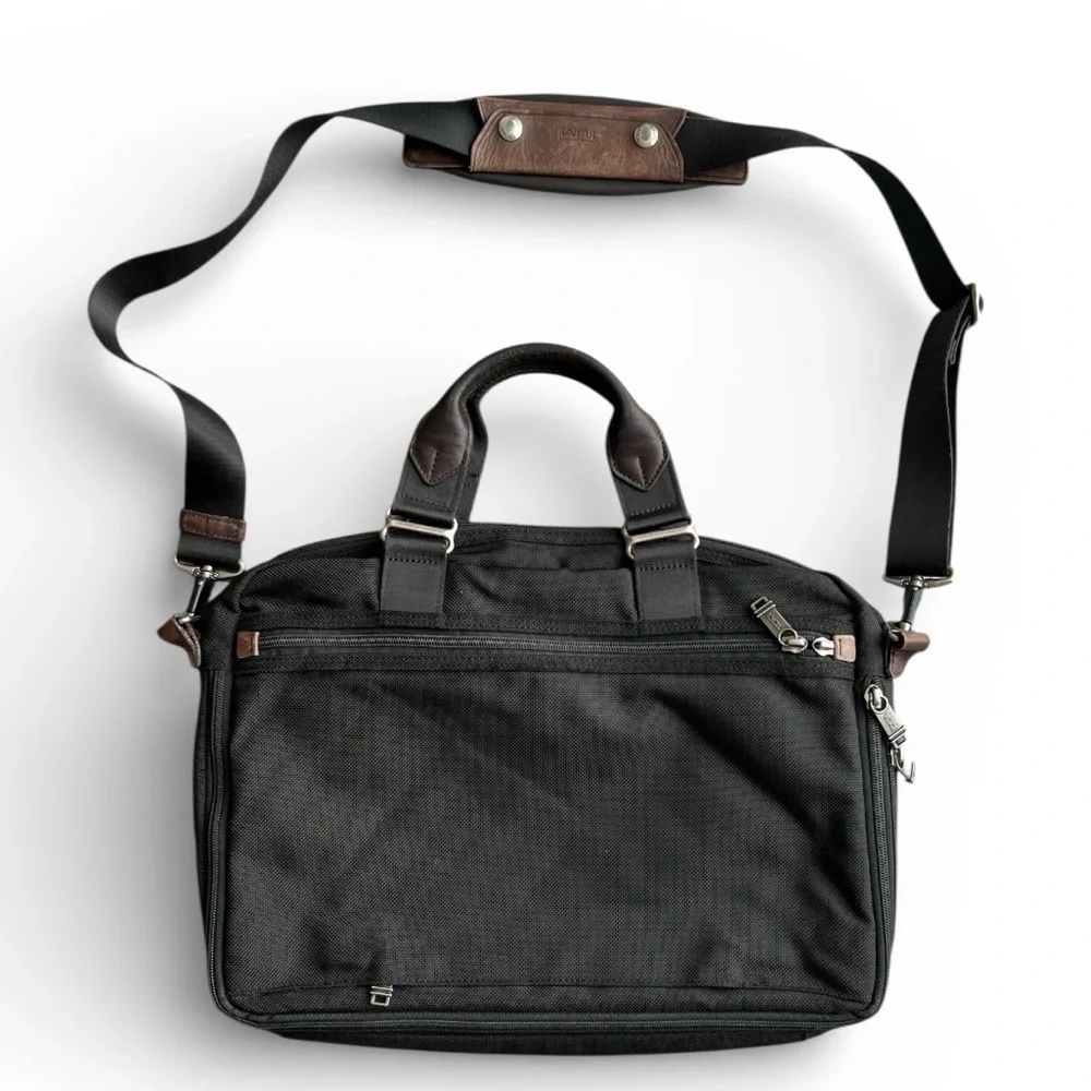 Tumi Alpha Bravo Yuma Slim Briefcase laptop bag black nylon leather trim handle